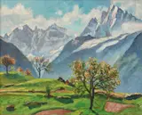 Mountain landscapeSigned and dated Nussio/15 V 1944 by Oscar Nussio, Oil on board, with a study of a church to the reverse, offered Jun 2023