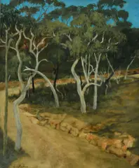 Bush Landscape with white tree trunksSigned David Strachan by David Edgar Strachan, Oil on canvas, sold Jun 2023
