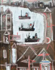 By the Waterfront by Patrick Hayman, Oil on canvas, sold Jun 2023