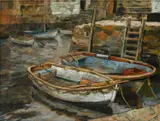 Fishing boats in a harbourSigned with initials SR by Sonia Robinson, Oil on canvasboard, sold Jun 2023