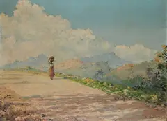 Mountainous Sri Lankan landscape with a woman on the by Alexander Sofronoff, Oil on board, sold Jun 2023