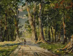 Figure walking along a tree-lined path by Alexander Sofronoff, Oil on board, sold Jun 2023