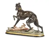patinated and later cold painted spelter model of a whippet and hare by Jules Moigniez, cold painted spelter, offered Feb 2014