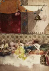 A languid afternoon in the harem by Antonio Rivas, watercolor on paper laid down on paper, offered Sep 2014