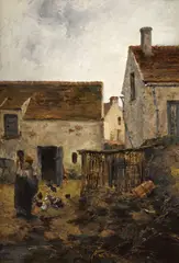 Feeding the chickens by Léon Germain Pelouse, oil on canvas, offered Sep 2014