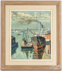harbor scene by Harry Shokler, oil on canvas, sold Apr 2025