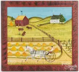 farm scene with horse and sulky by Bill Rank, oil on velvet, sold Apr 2025