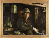 of a soldier titled Day and Night by Zhu Zhu Wei, oil on board, sold Feb 2025