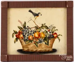 stenciled theorem with basket of fruit by David Y. Ellinger, oil on velvet, sold Feb 2025