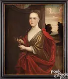 portrait of a young lady with pearl necklace and earrings by Gerardus Duyckinck I, oil on canvas, sold Jan 2025