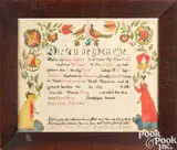 fraktur birth certificate for Maria Anna Schaffer by Daniel Peterman, ink and watercolor, sold Jan 2025