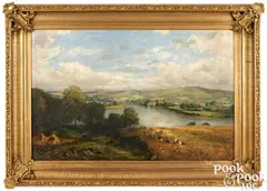 landscape with river and town by J. Clark, 1860, oil on canvas, sold Jan 2025