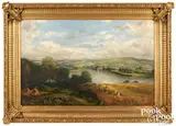 landscape with river and town by J. Clark, 1860, oil on canvas, sold Jan 2025