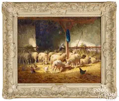 barn scene with sheep and chickens by Charles Clair, oil on canvas, sold Jan 2025