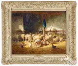 barn scene with sheep and chickens by Charles Clair, oil on canvas, sold Jan 2025
