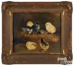 of eight chicks with a basket by Ben Austrian, oil on canvas, sold Jan 2025