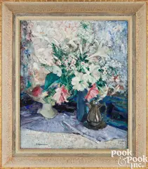 still life titled Lilies and Fruit by Paulette Van Roekens, oil on canvas, sold Jan 2025