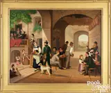 courtyard scene with figures by Hans Bebie, oil on canvas, sold Jan 2025