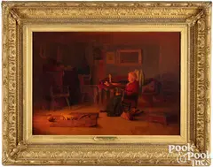 titled Sewing by the Hearth with verso label by Thomas Pollock Anshutz, oil on canvas, sold Jan 2025