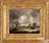 coastal scene with ships by Ludolf Backhuysen II, oil on panel, sold Jan 2025