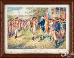 rough sketch titled Order of the Purple Heart with Washington pinning the award to soldiers chest by Arthur E. Becher, watercolor, sold Jan 2025