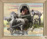 Western illustration with wagon train by Charles Hargens, oil on canvas, sold Jan 2025