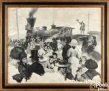 Western illustration with figures and locomotive by Charles Hargens, oil on canvas, sold Jan 2025