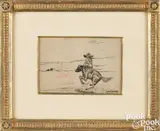 on fabric Western study of a cowboy on horseback by Will Roderick James, ink, sold Jan 2025
