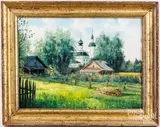 of a farm in a monastery village by Oleg Pyatin, oil on canvas, sold Dec 2024