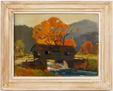 landscape with covered bridge by Rose Pontillo Dicarlo, oil on board, sold Oct 2024