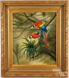 of two scarlet macaw parrots by Thomas Bilben, oil on canvas, sold Oct 2024