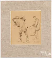 sketch Coal Handlers by Daniel Ridgway Knight, pencil, sold Oct 2024