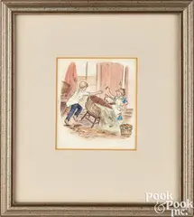 illustration of a boy and girl washing a pig by Tasha Tudor, watercolor, sold Sep 2024