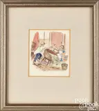 illustration of a boy and girl washing a pig by Tasha Tudor, watercolor, sold Sep 2024