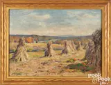 fall landscape with corn shocks and pumpkins by Jonas Joseph Lavalley, oil on canvas, sold Sep 2024