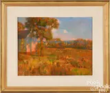 landscape titled View from the Hills Above a Seaside Town by Frank W. Handlen, oil on board, sold Sep 2024