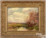 landscape with figure in rowboat and town in the distance by Charles P. Appel, oil on canvas, sold Sep 2024