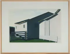 SUMMER BARN SCENE PAINTING by Jean Mooney, oil on paper, sold Apr 2026