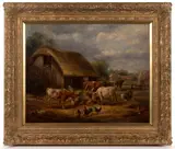 BARNYARD SCENE PAINTING by Henry Charles Bryant, oil on board, sold Apr 2026