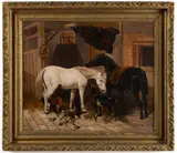 ATTRIBUTED / FOLLOWER OF, BARNYARD SCENE by John Frederick Herring, Jr., oil on canvas, sold Apr 2026