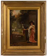 SCHOOL OF / AFTER , MARRIED FOR LOVE / , A VISIT HOME GENRE SCENE PAINTING by Marcus Stone, oil on canvas, sold Apr 2026