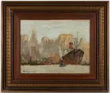 NEW YORK HARBOR SCENE by Bela De Tirefort, oil on board, sold Apr 2026