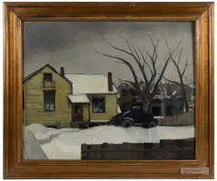 WINTER TOWN SCENE by E. Oscar Thalinger, oil on Masonite panel, sold Apr 2026