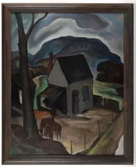 OZARK FARM SCENE by E. Oscar Thalinger, oil on Masonite panel, sold Apr 2026