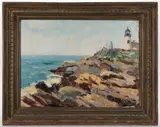 ATTRIBUTED, MAINE COASTAL LANDSCAPE WITH PEMAQUID LIGHTHOUSE by Parker Gamage, oil on board, sold Apr 2026