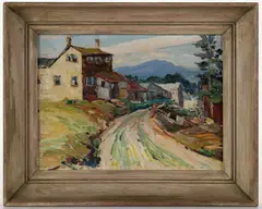 LANDSCAPE WITH MOUNTAIN VILLAGE by Peter Bela Mayer, oil on board, sold Apr 2026