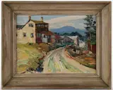 LANDSCAPE WITH MOUNTAIN VILLAGE by Peter Bela Mayer, oil on board, sold Apr 2026