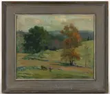 AUTUMN LANDSCAPE WITH CATTLE by Jacob Greenleaf, oil on canvas board, sold Apr 2026