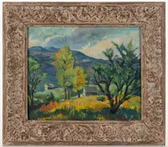 MOUNTAIN LANDSCAPE by Harry Shokler, oil on Masonite panel, sold Apr 2026