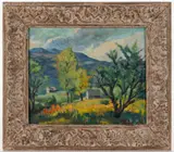 MOUNTAIN LANDSCAPE by Harry Shokler, oil on Masonite panel, sold Apr 2026